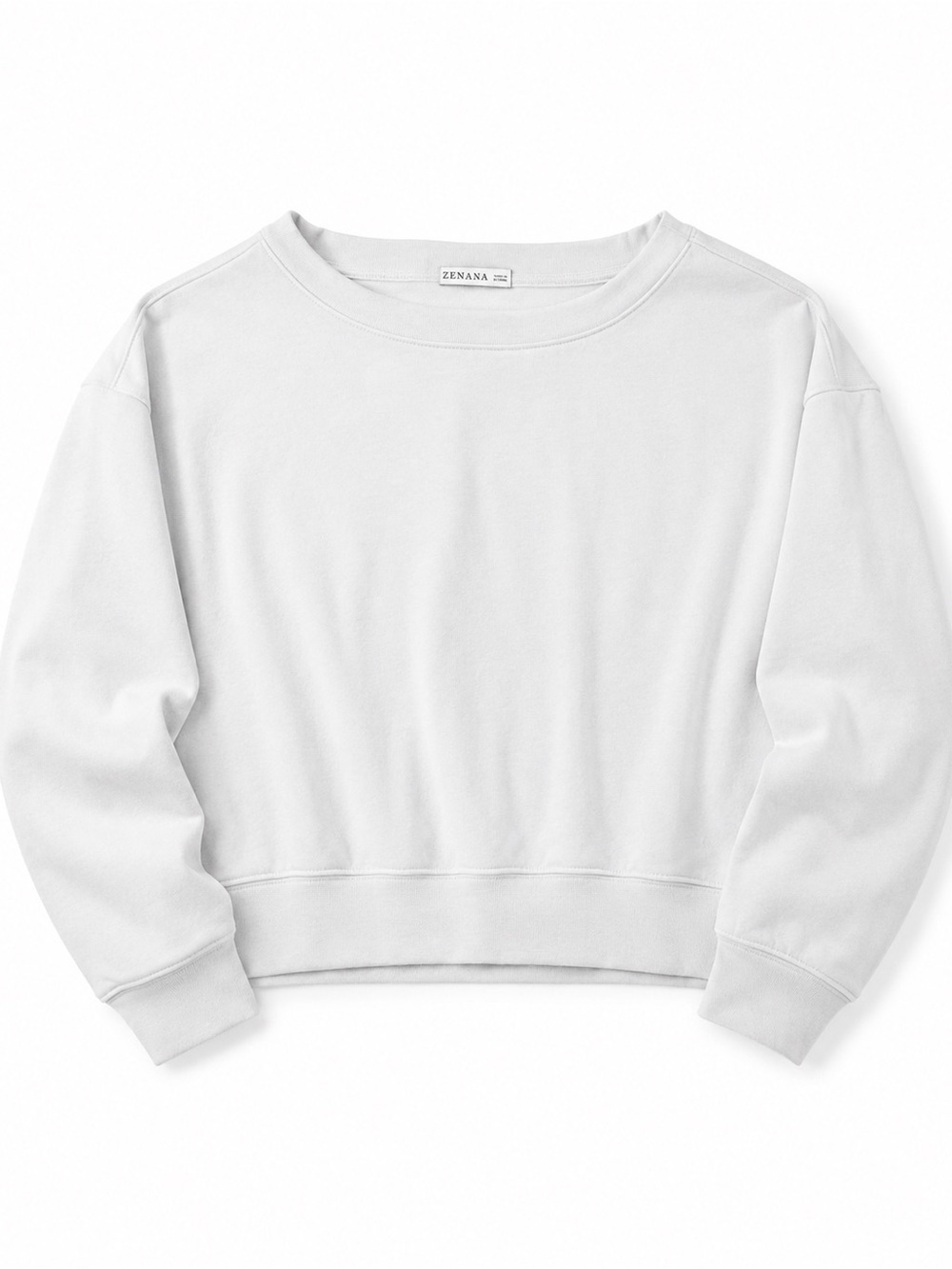 Zenana White Cropped Crewneck Sweatshirt | Soft Stretch Pullover Women’s Large